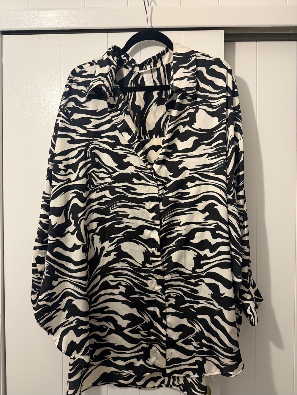 H&M Black and White Zebra-Print Silk Button Blouse